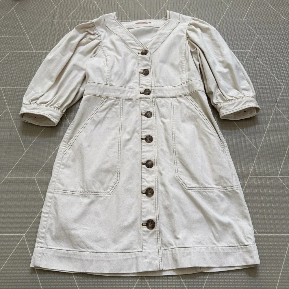 Tory Burch Cotton Puffed Sleeve Denim Dress 14 Beige Shirt Dress Casual Career